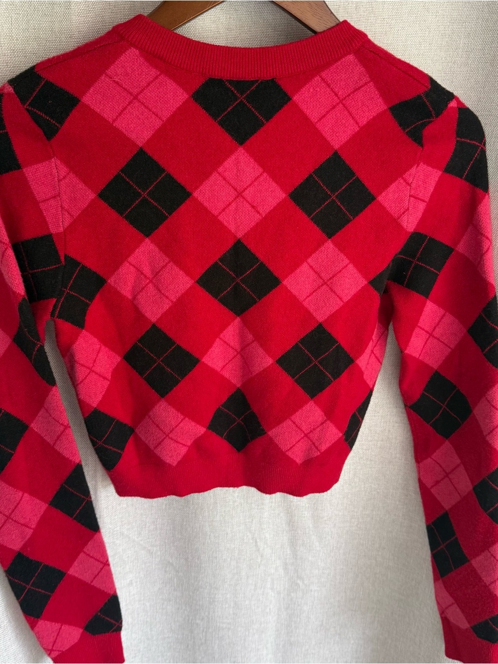 Zara Red Black Pink Argyle Cropped Cardigan Sweater Small Preppy Knit Button - Picture 2 of 5